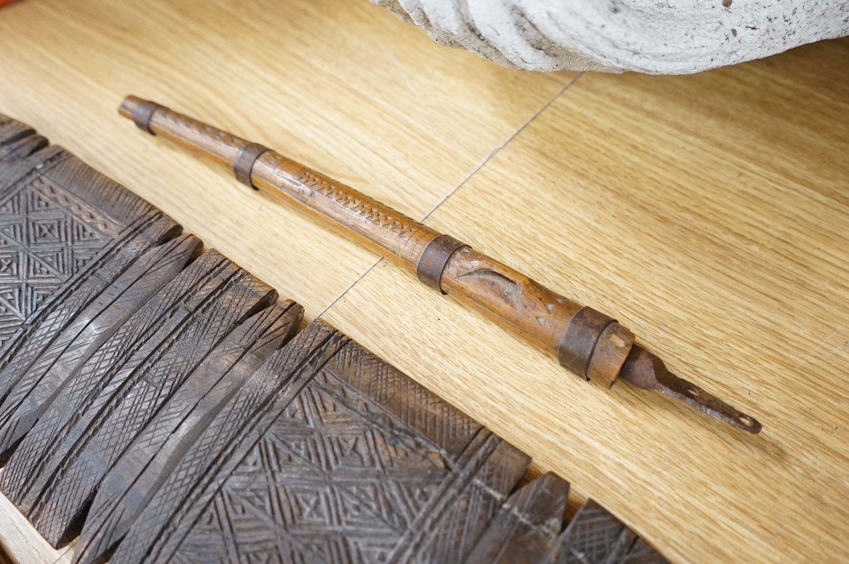 South Sea Islands and African tribal carved pot, knife sheath, stick and carved paddle-53cm long